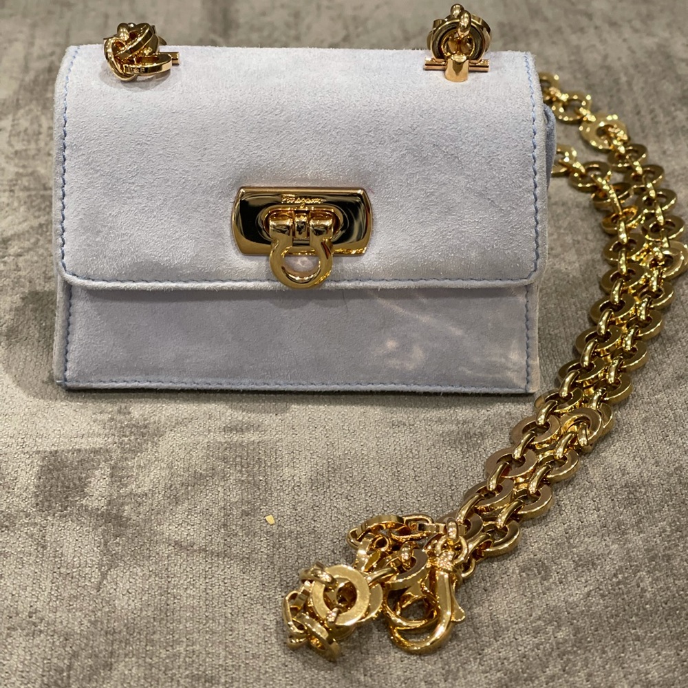 Salvatore Ferragamo Powder Blue Suede Mini Bag with Gold Chain